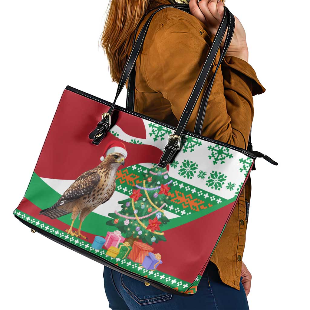 Lebanon Christmas Leather Tote Bag with Falcon, Holiday Tree, and Red Green Snowflake Pattern - Wonder Print Shop