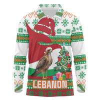 Lebanon Christmas Long Sleeve Polo Shirt with Falcon, Holiday Tree, and Red Green Snowflake Pattern - Wonder Print Shop