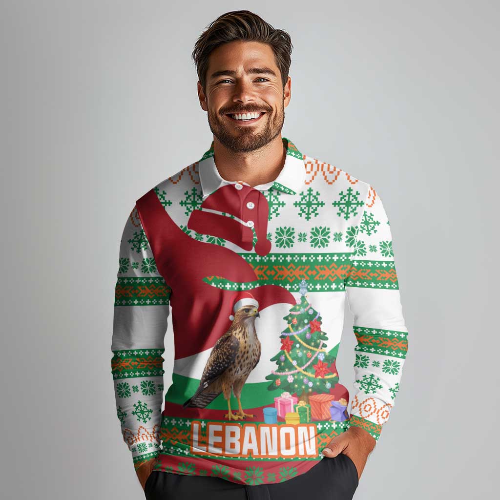 Lebanon Christmas Long Sleeve Polo Shirt with Falcon, Holiday Tree, and Red Green Snowflake Pattern - Wonder Print Shop