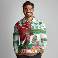 Lebanon Christmas Long Sleeve Polo Shirt with Falcon, Holiday Tree, and Red Green Snowflake Pattern - Wonder Print Shop