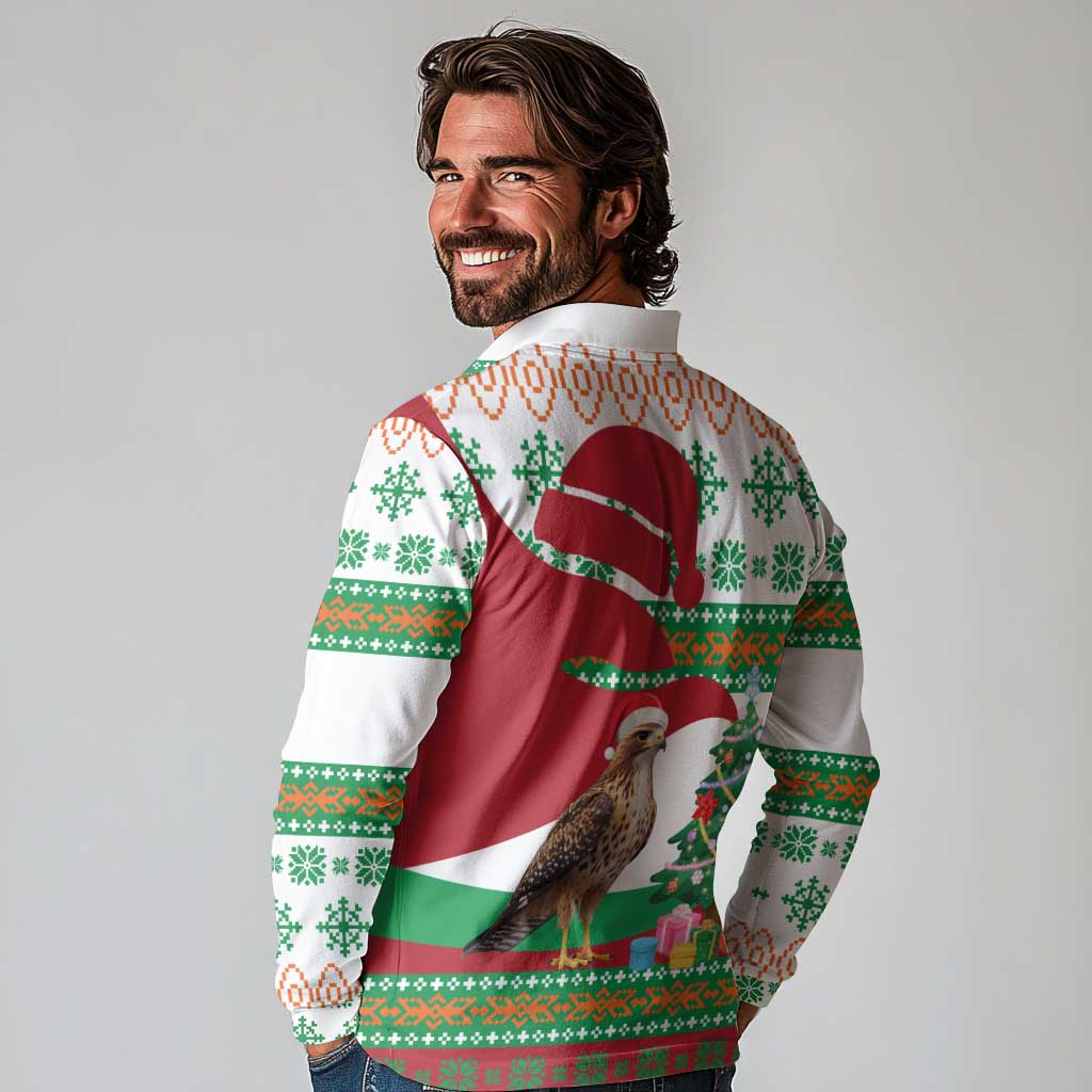 Lebanon Christmas Long Sleeve Polo Shirt with Falcon, Holiday Tree, and Red Green Snowflake Pattern - Wonder Print Shop