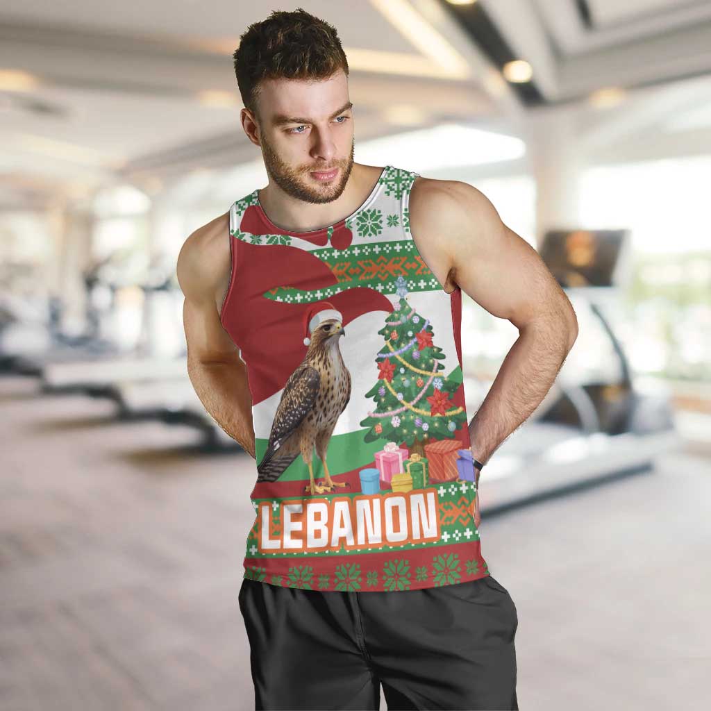 Lebanon Christmas Men Tank Top with Falcon, Holiday Tree, and Red Green Snowflake Pattern - Wonder Print Shop