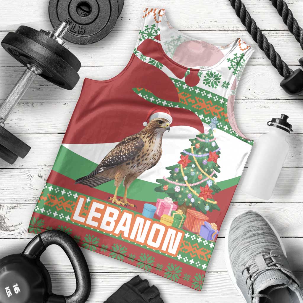 Lebanon Christmas Men Tank Top with Falcon, Holiday Tree, and Red Green Snowflake Pattern - Wonder Print Shop