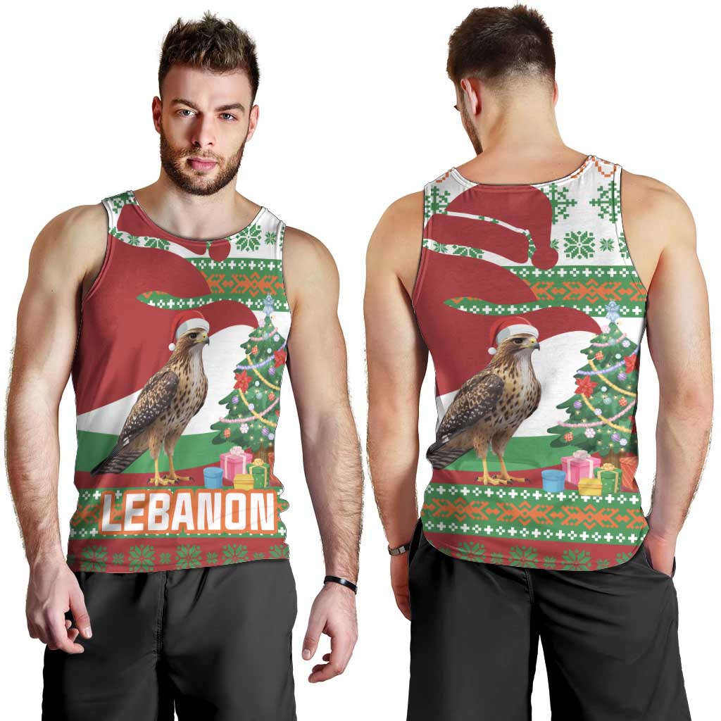 Lebanon Christmas Men Tank Top with Falcon, Holiday Tree, and Red Green Snowflake Pattern - Wonder Print Shop