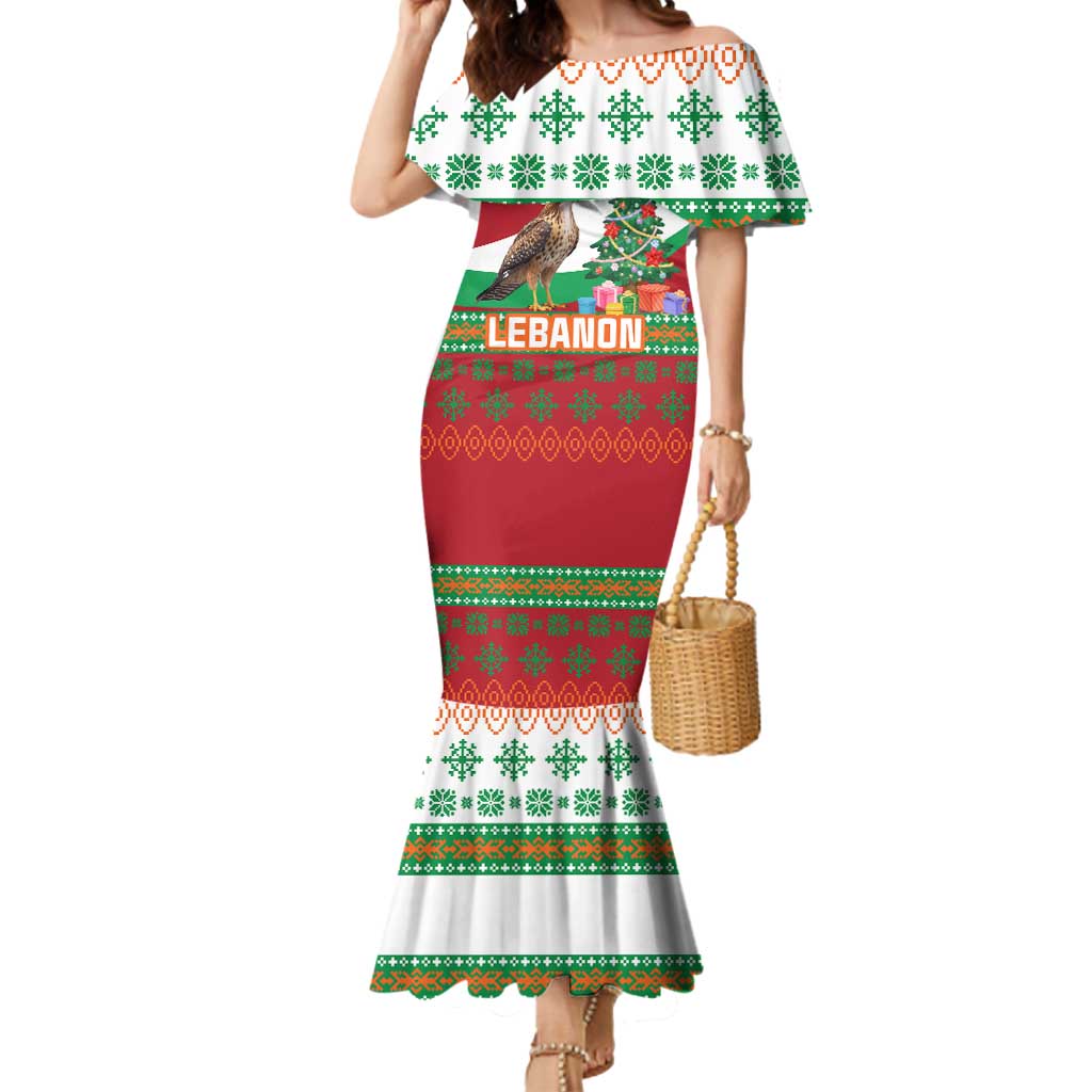 Lebanon Christmas Mermaid Dress with Falcon, Holiday Tree, and Red Green Snowflake Pattern - Wonder Print Shop