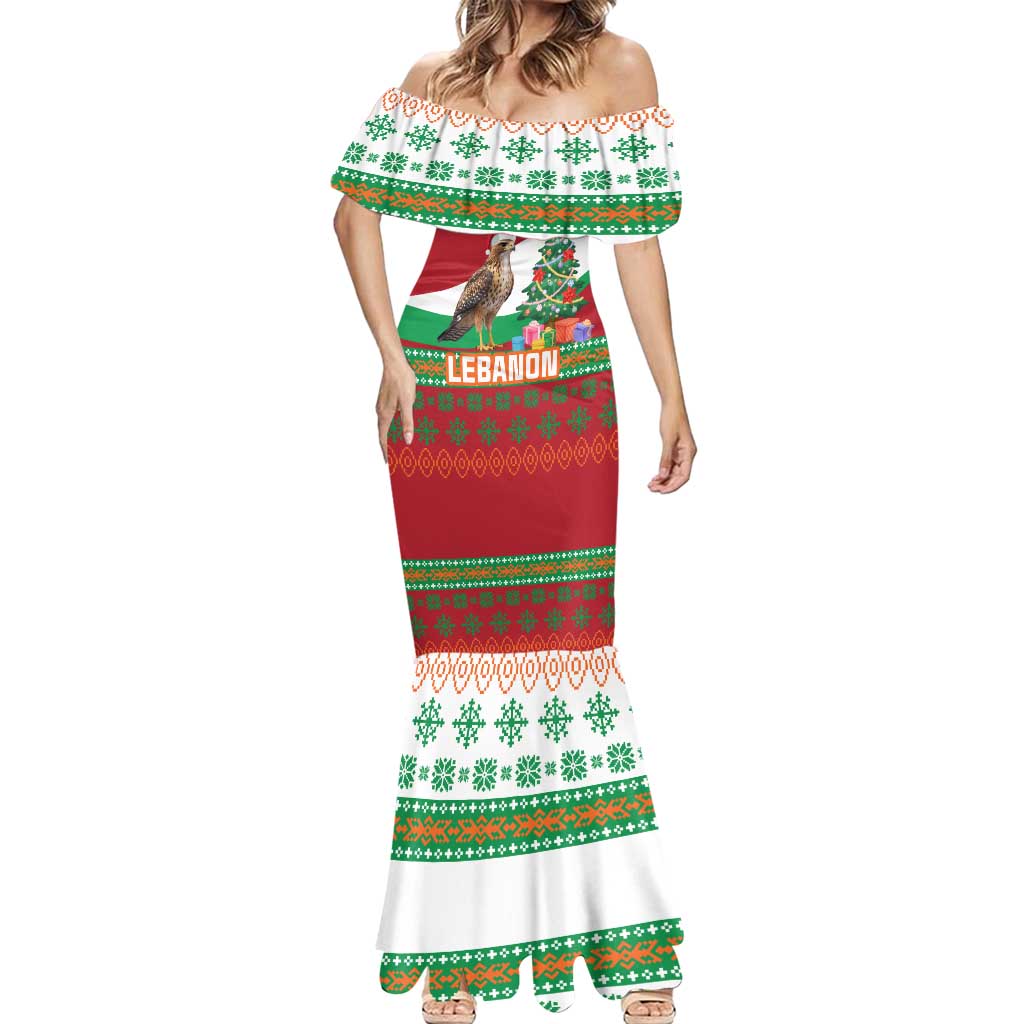 Lebanon Christmas Mermaid Dress with Falcon, Holiday Tree, and Red Green Snowflake Pattern - Wonder Print Shop