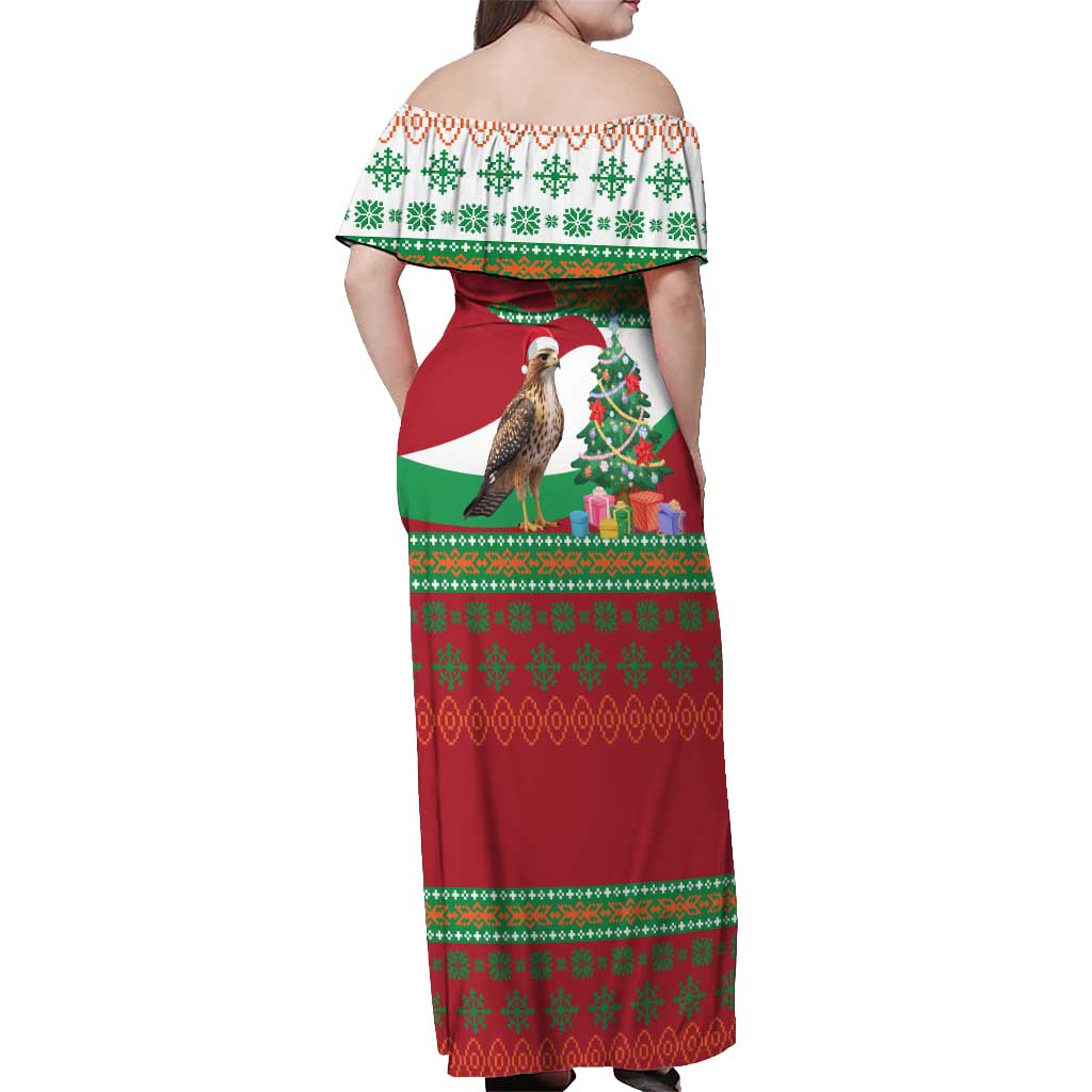 Lebanon Christmas Off Shoulder Maxi Dress with Falcon, Holiday Tree, and Red Green Snowflake Pattern - Wonder Print Shop