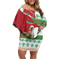 Lebanon Christmas Off Shoulder Short Dress with Falcon, Holiday Tree, and Red Green Snowflake Pattern - Wonder Print Shop