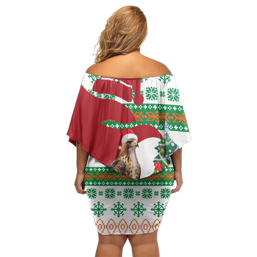 Lebanon Christmas Off Shoulder Short Dress with Falcon, Holiday Tree, and Red Green Snowflake Pattern - Wonder Print Shop