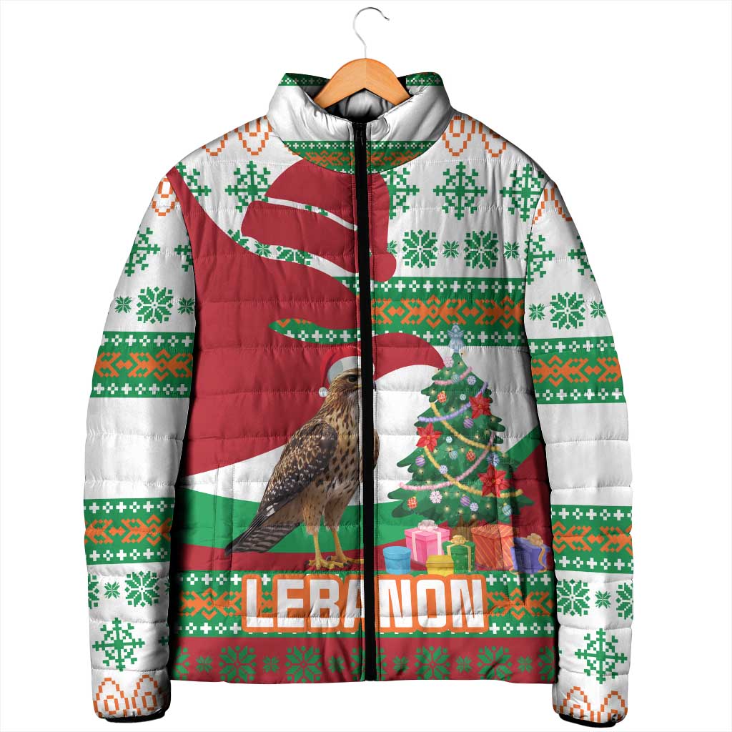 Lebanon Christmas Padded Jacket with Falcon, Holiday Tree, and Red Green Snowflake Pattern - Wonder Print Shop