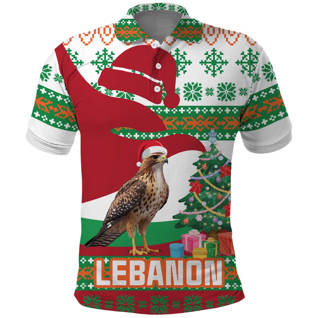 Lebanon Christmas Polo Shirt with Falcon, Holiday Tree, and Red Green Snowflake Pattern - Wonder Print Shop