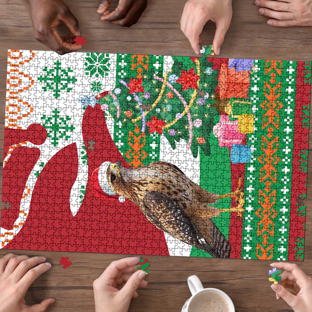 Lebanon Christmas Puzzle with Falcon, Holiday Tree, and Red Green Snowflake Pattern - Wonder Print Shop