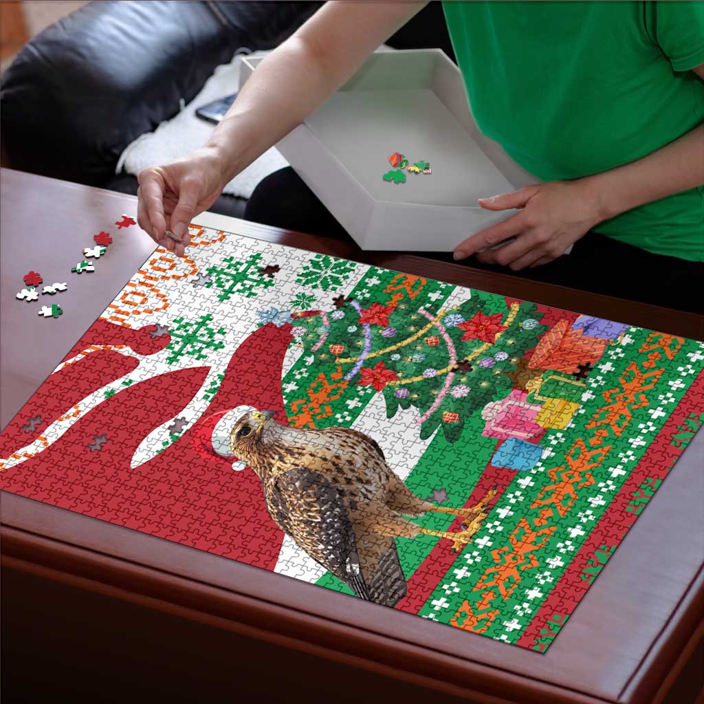Lebanon Christmas Puzzle with Falcon, Holiday Tree, and Red Green Snowflake Pattern - Wonder Print Shop