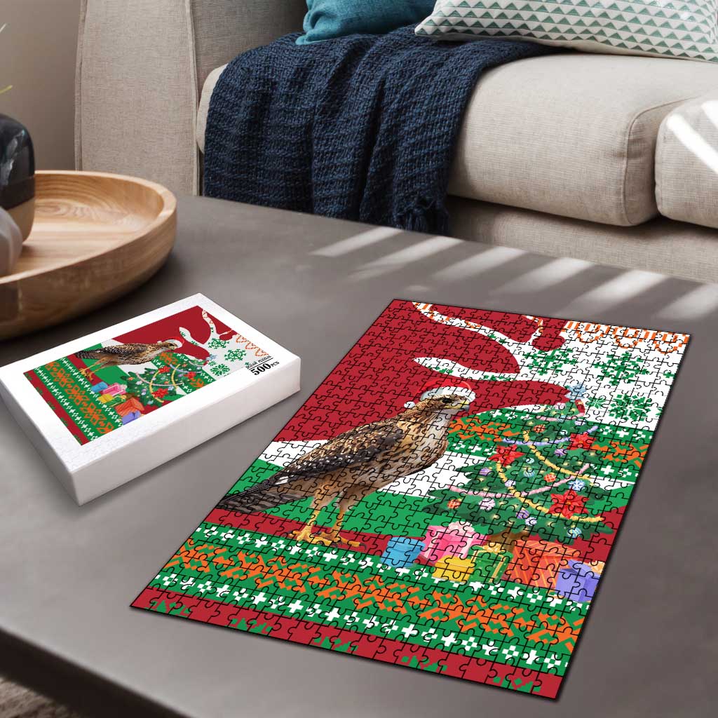 Lebanon Christmas Puzzle with Falcon, Holiday Tree, and Red Green Snowflake Pattern - Wonder Print Shop