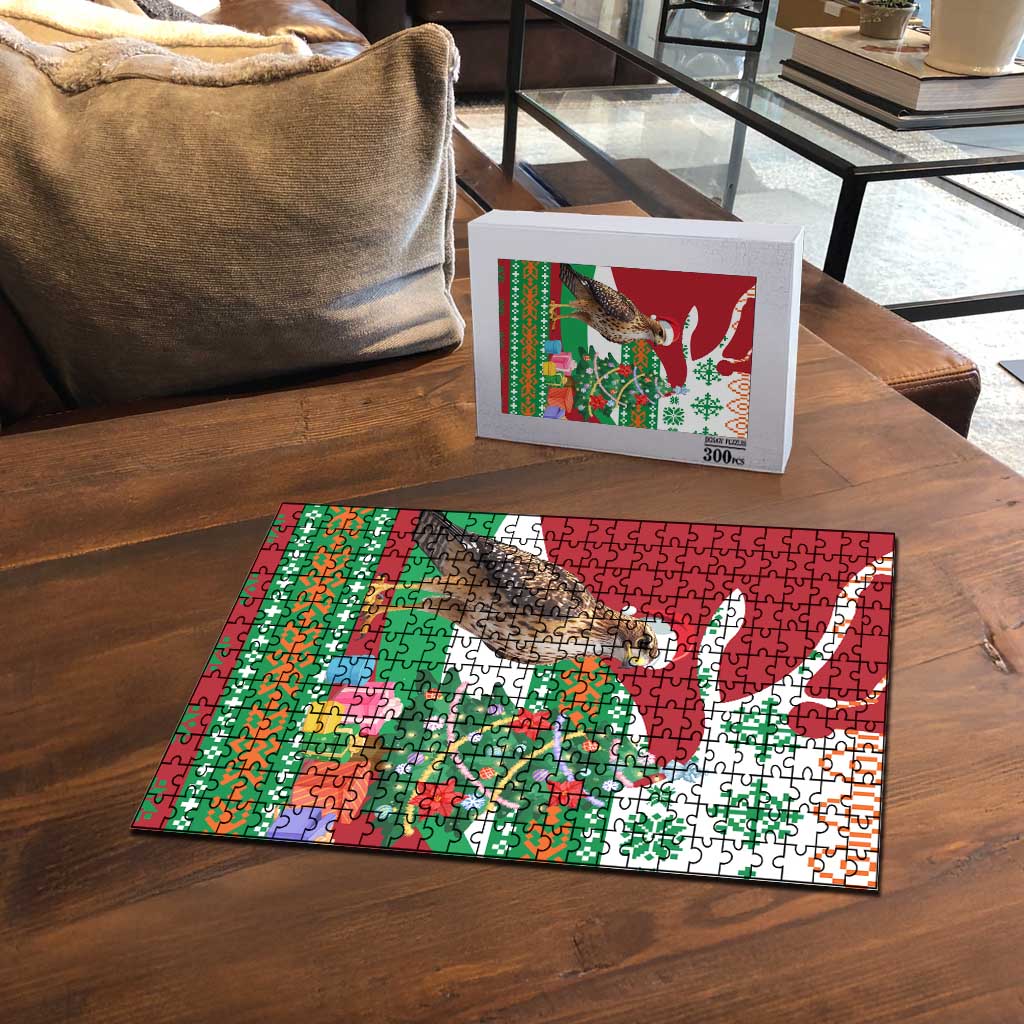Lebanon Christmas Puzzle with Falcon, Holiday Tree, and Red Green Snowflake Pattern - Wonder Print Shop