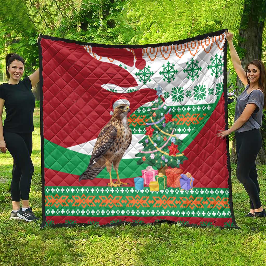 Lebanon Christmas Quilt with Falcon, Holiday Tree, and Red Green Snowflake Pattern - Wonder Print Shop