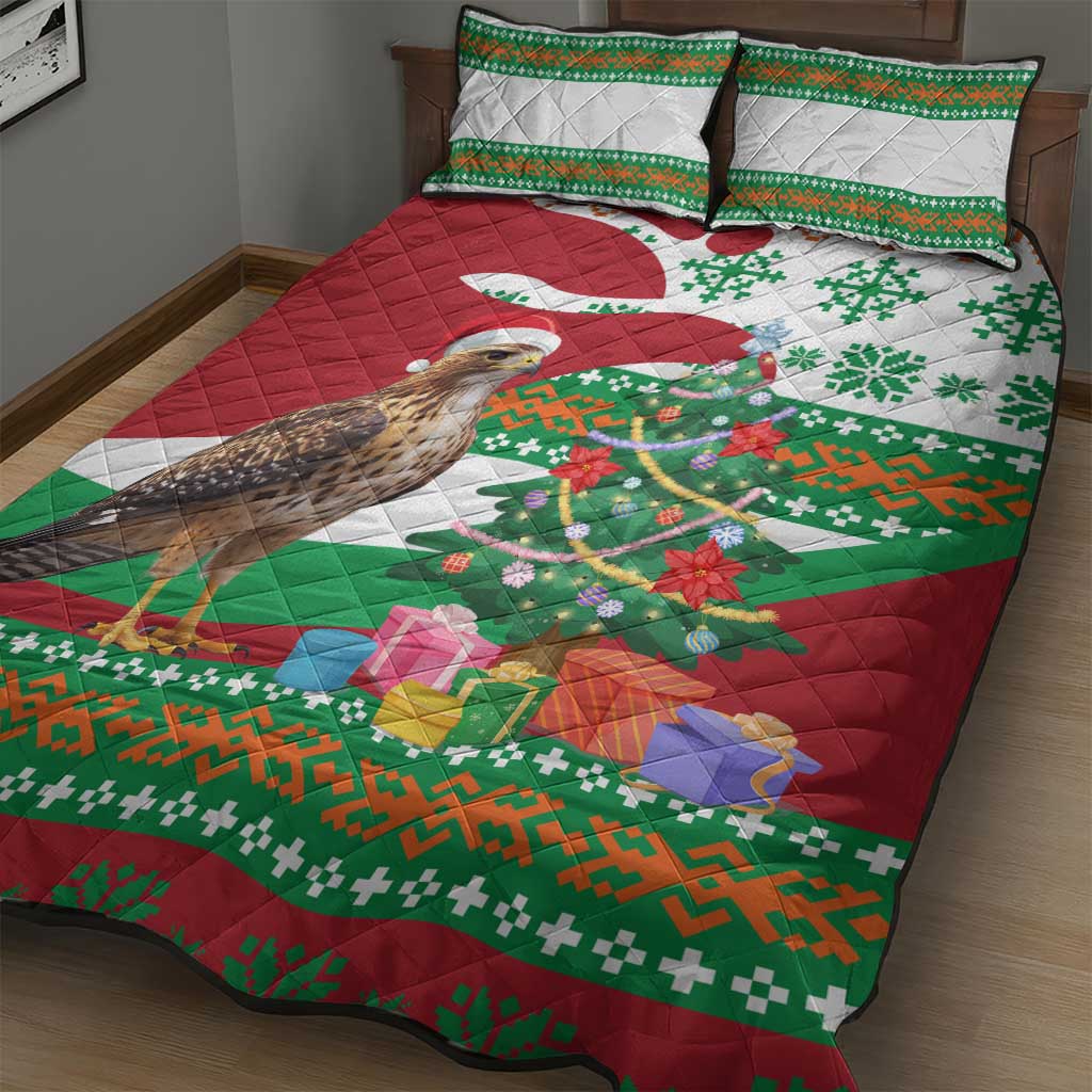 Lebanon Christmas Quilt Bed Set with Falcon, Holiday Tree, and Red Green Snowflake Pattern - Wonder Print Shop