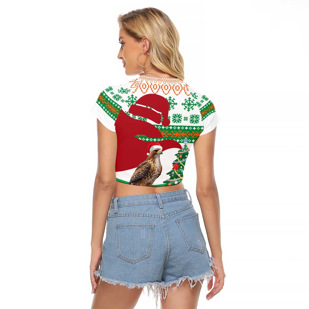 Lebanon Christmas Raglan Cropped T Shirt with Falcon, Holiday Tree, and Red Green Snowflake Pattern - Wonder Print Shop