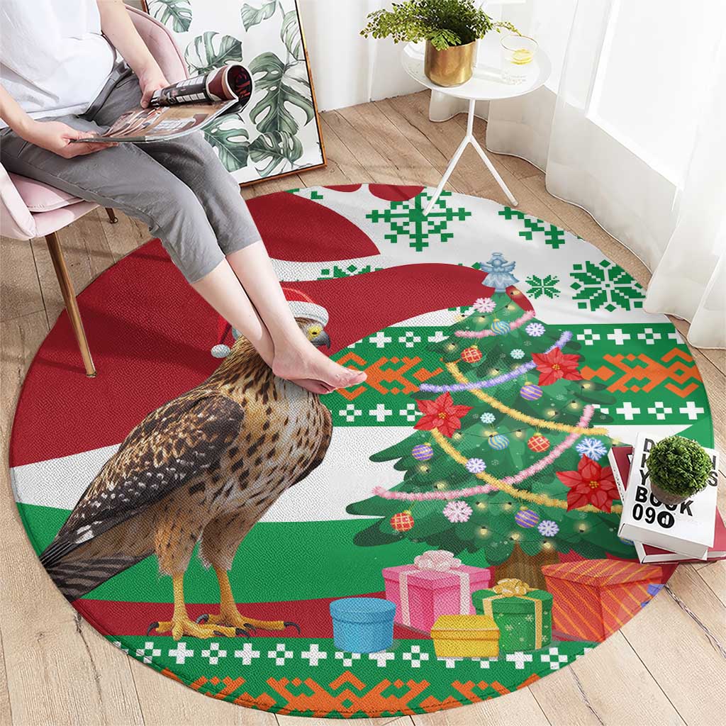 Lebanon Christmas Round Carpet with Falcon, Holiday Tree, and Red Green Snowflake Pattern - Wonder Print Shop