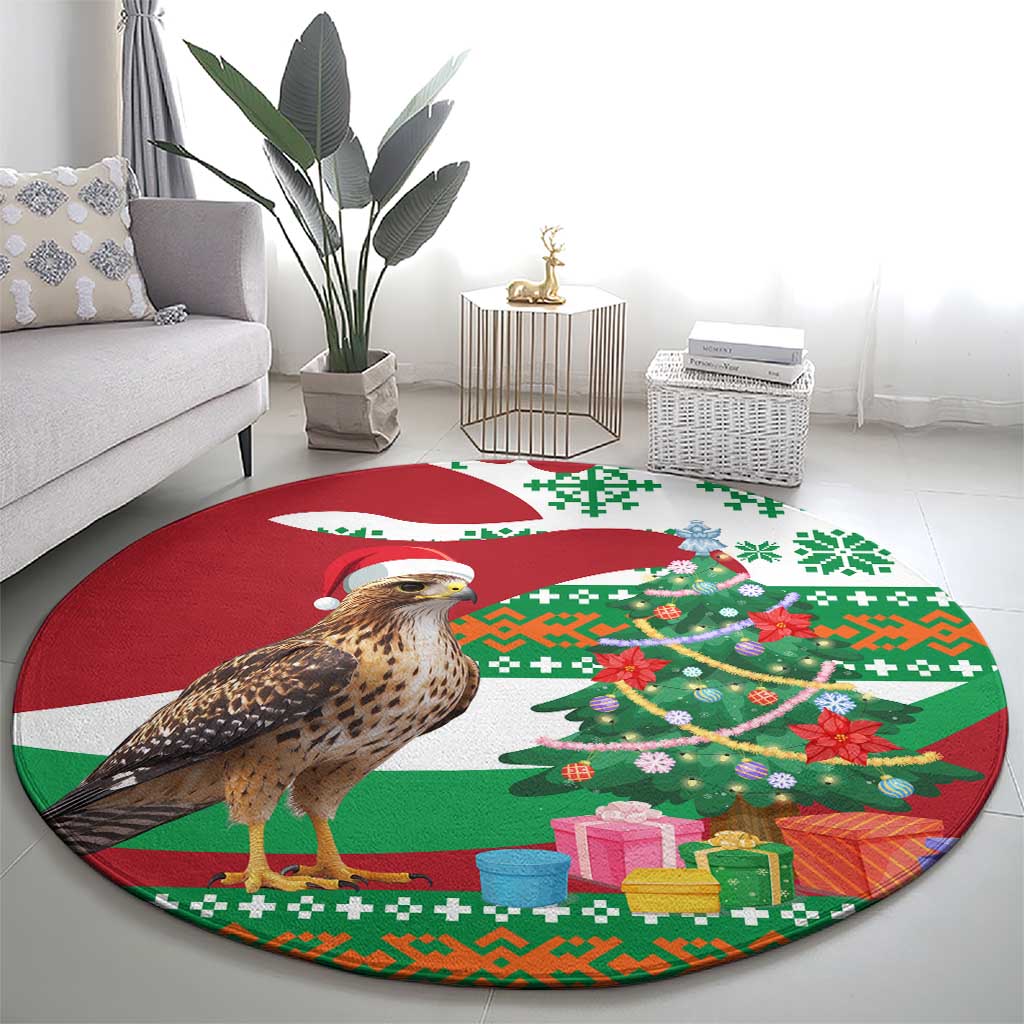 Lebanon Christmas Round Carpet with Falcon, Holiday Tree, and Red Green Snowflake Pattern - Wonder Print Shop