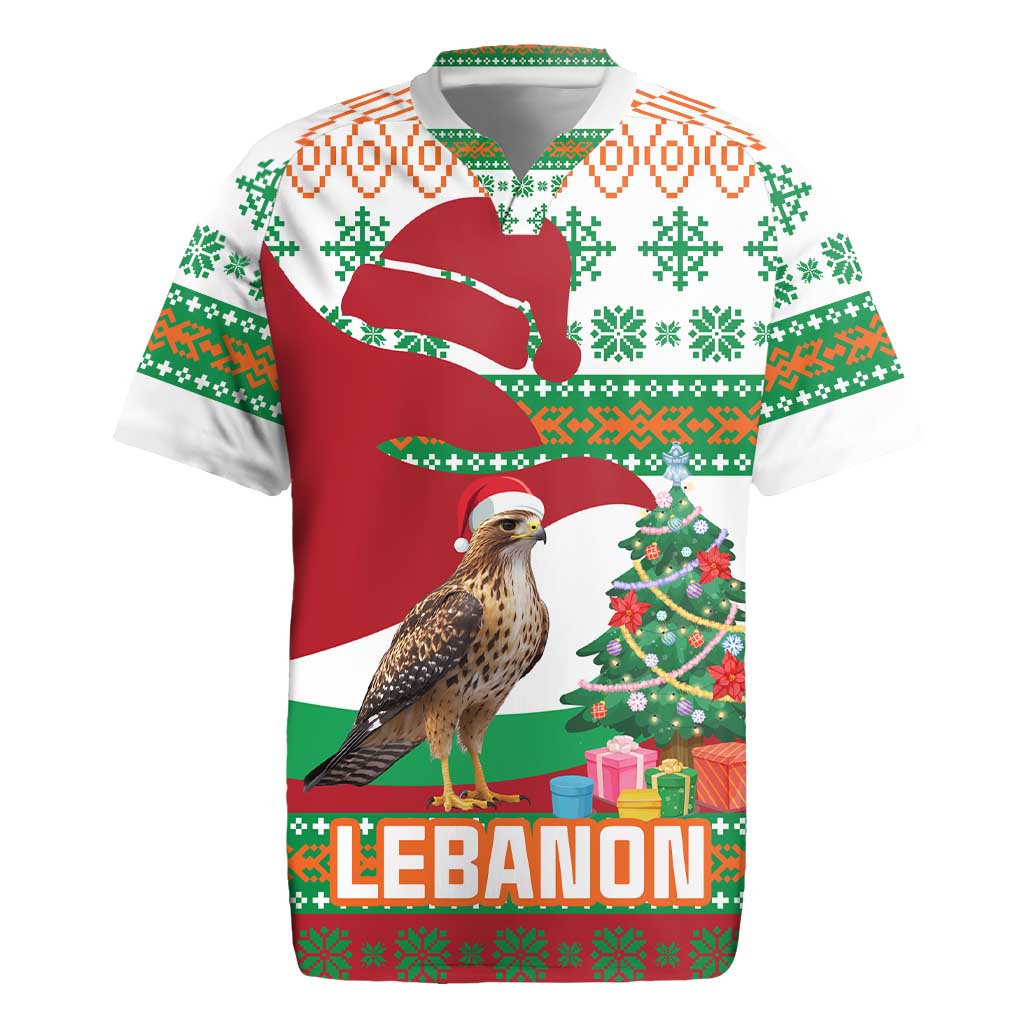 Lebanon Christmas Rugby Jersey with Falcon, Holiday Tree, and Red Green Snowflake Pattern - Wonder Print Shop