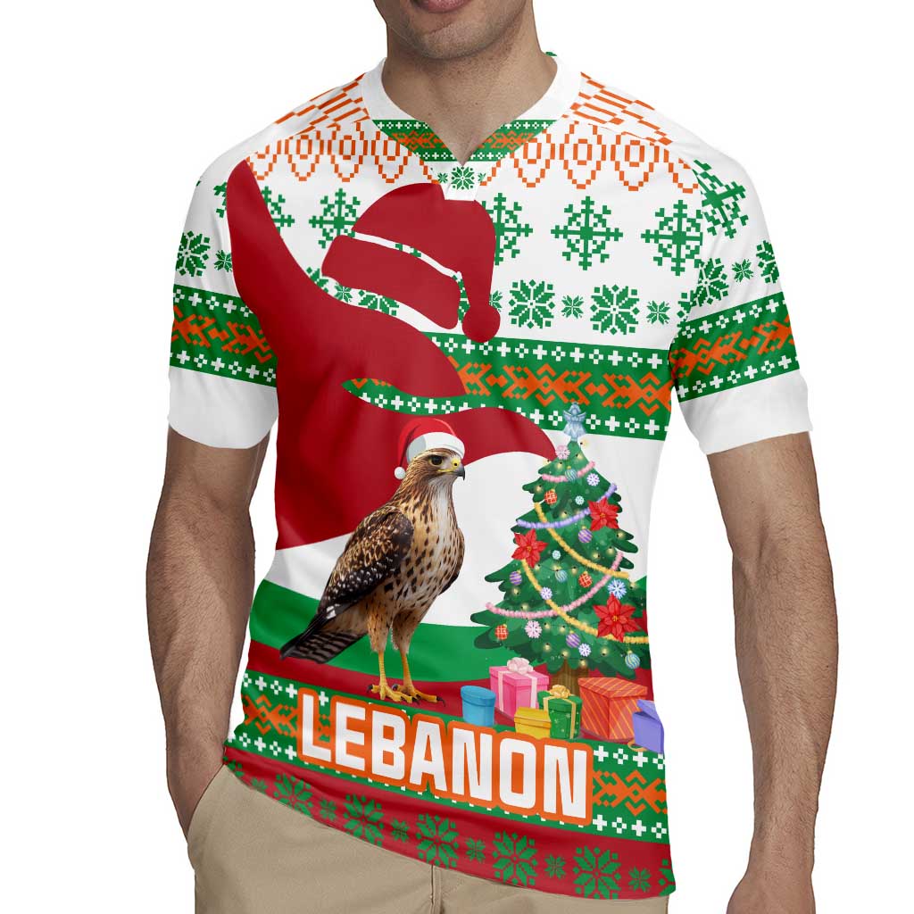 Lebanon Christmas Rugby Jersey with Falcon, Holiday Tree, and Red Green Snowflake Pattern - Wonder Print Shop