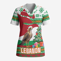 Lebanon Christmas Scrub Top with Falcon, Holiday Tree, and Red Green Snowflake Pattern - Wonder Print Shop