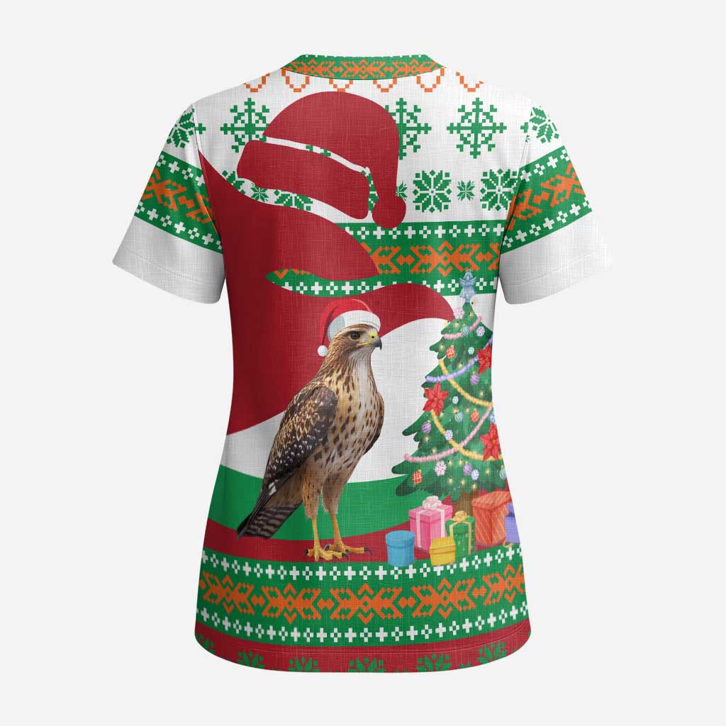 Lebanon Christmas Scrub Top with Falcon, Holiday Tree, and Red Green Snowflake Pattern - Wonder Print Shop
