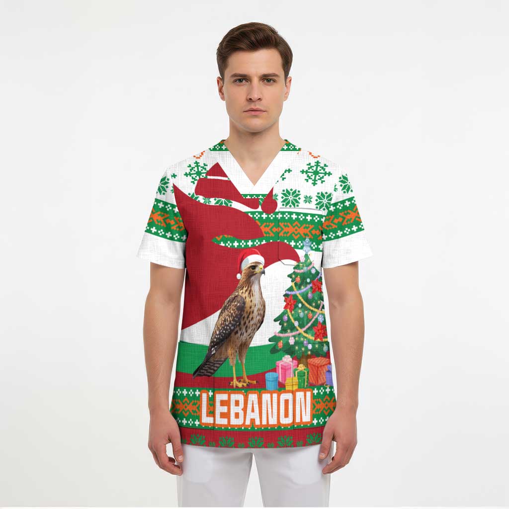 Lebanon Christmas Scrub Top with Falcon, Holiday Tree, and Red Green Snowflake Pattern - Wonder Print Shop