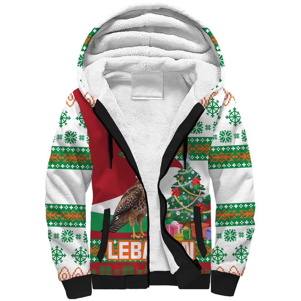 Lebanon Christmas Sherpa Hoodie with Falcon, Holiday Tree, and Red Green Snowflake Pattern - Wonder Print Shop