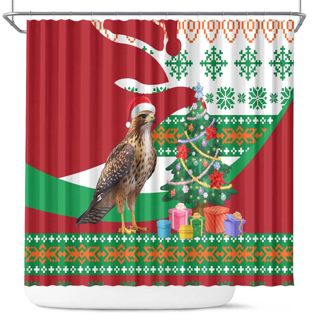 Lebanon Christmas Shower Curtain with Falcon, Holiday Tree, and Red Green Snowflake Pattern - Wonder Print Shop