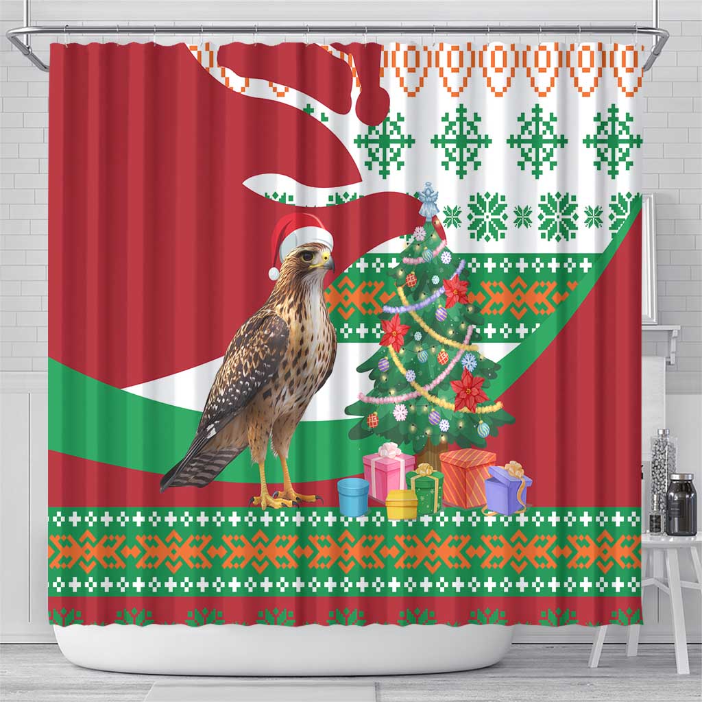 Lebanon Christmas Shower Curtain with Falcon, Holiday Tree, and Red Green Snowflake Pattern - Wonder Print Shop
