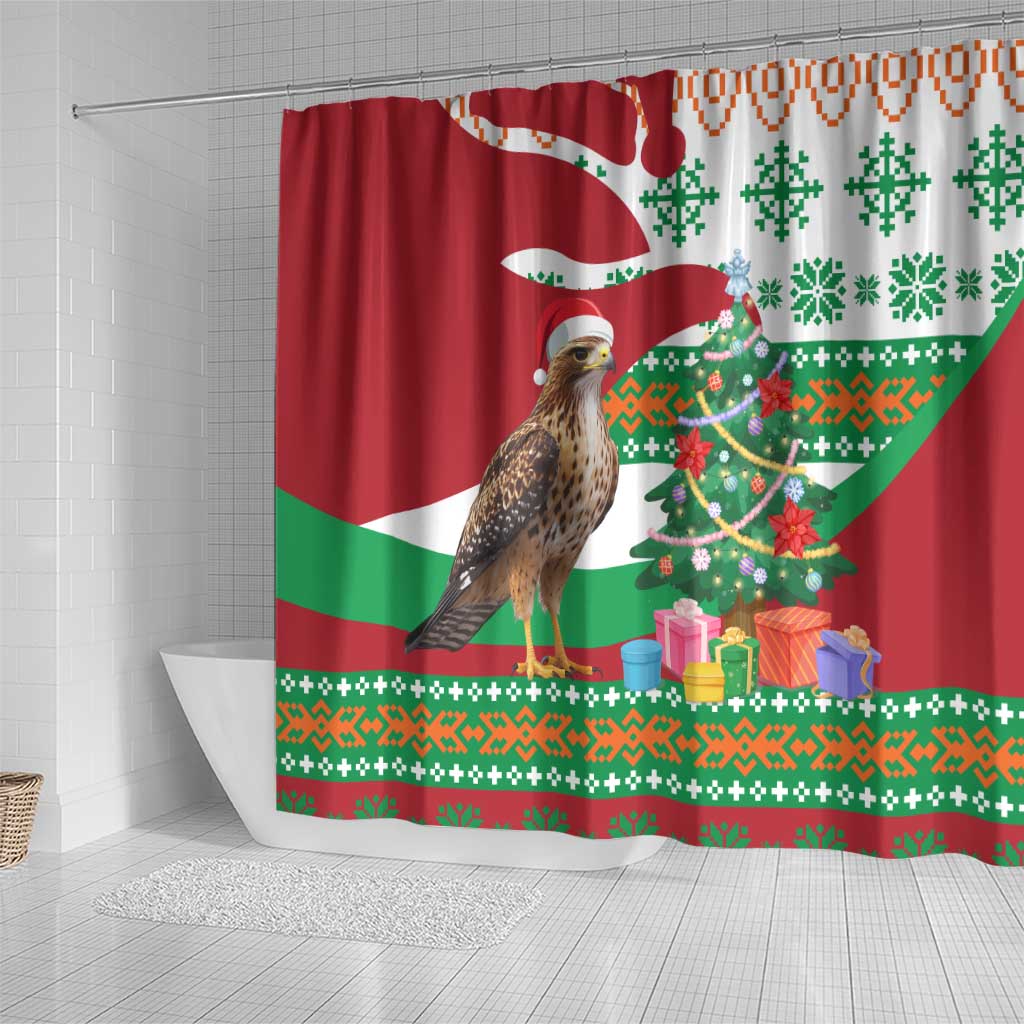 Lebanon Christmas Shower Curtain with Falcon, Holiday Tree, and Red Green Snowflake Pattern - Wonder Print Shop