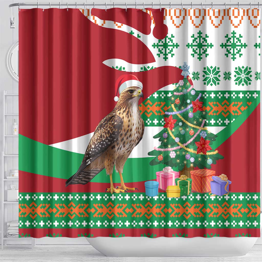 Lebanon Christmas Shower Curtain with Falcon, Holiday Tree, and Red Green Snowflake Pattern - Wonder Print Shop