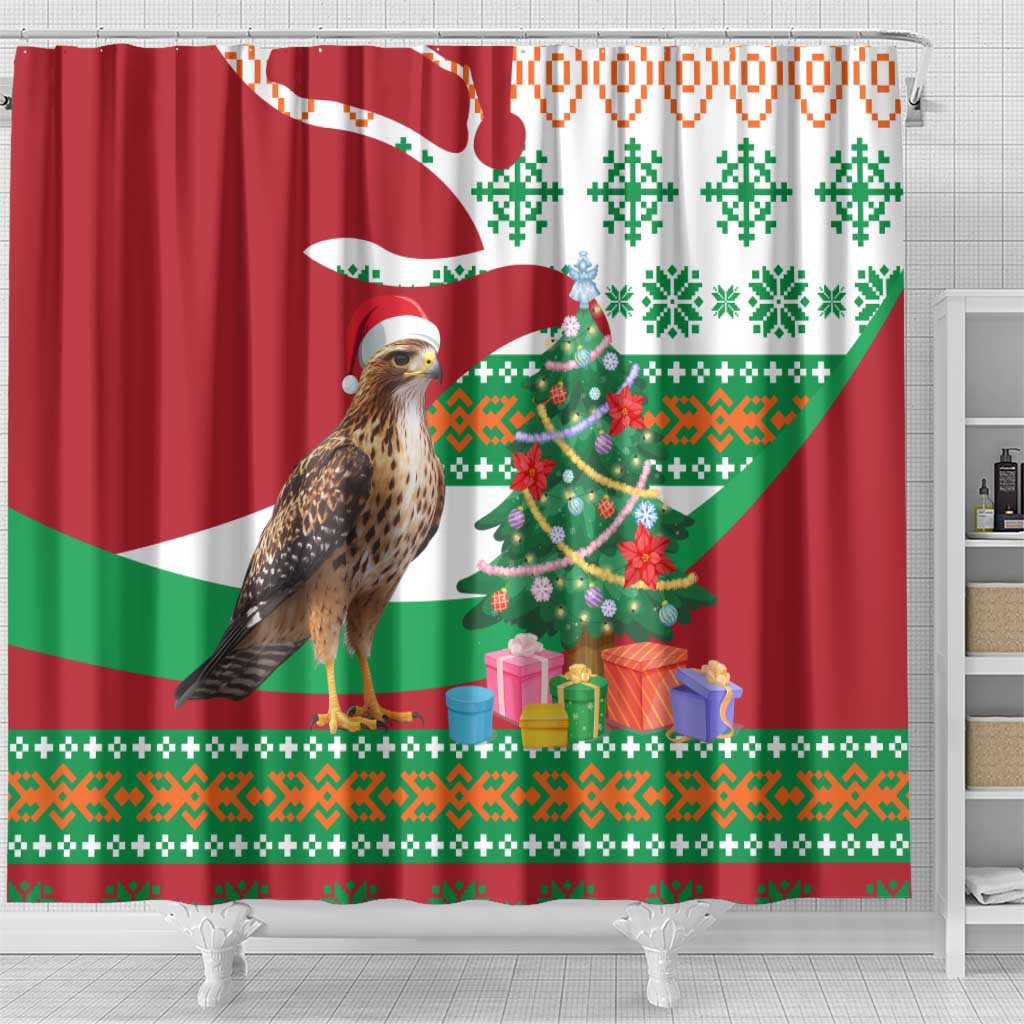 Lebanon Christmas Shower Curtain with Falcon, Holiday Tree, and Red Green Snowflake Pattern - Wonder Print Shop