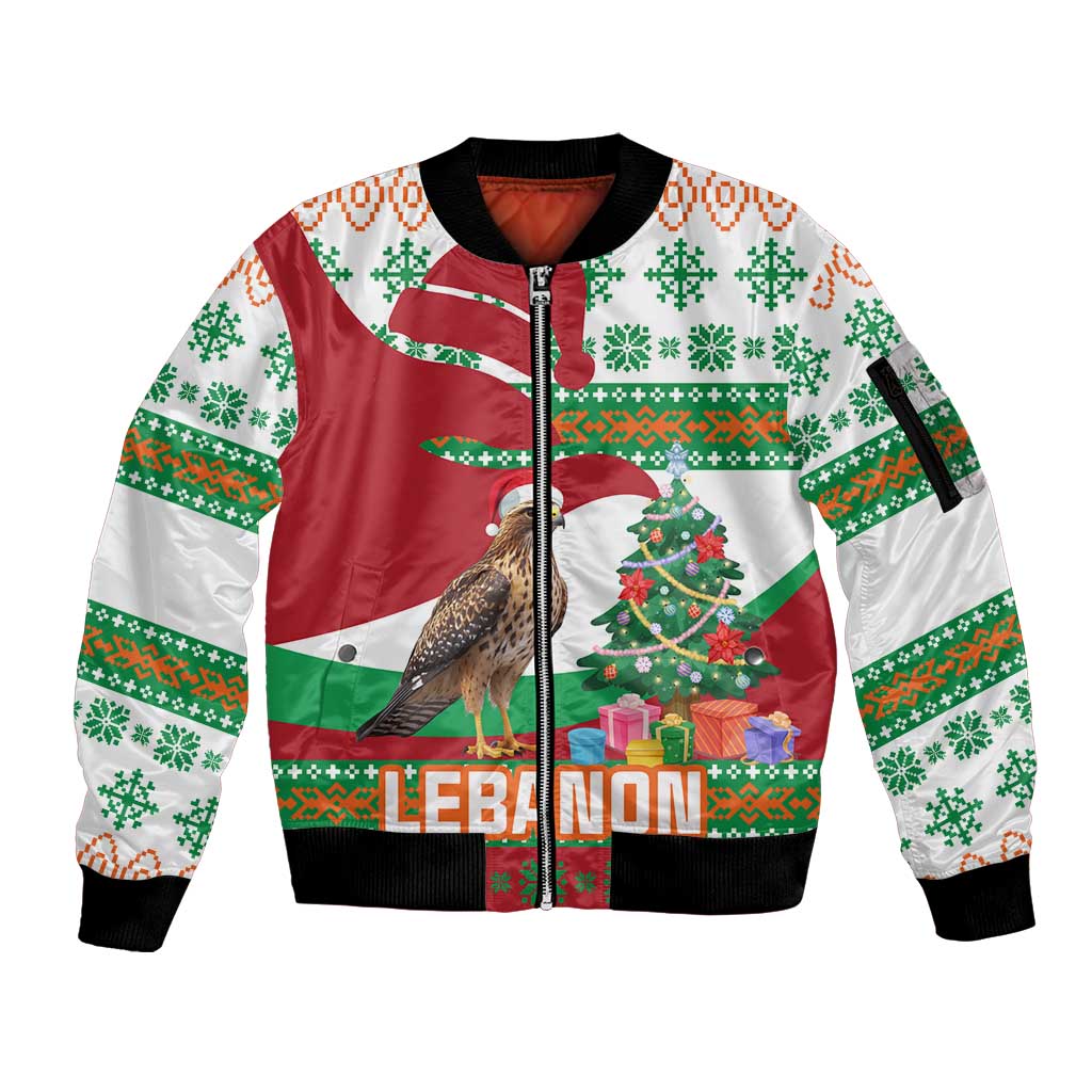 Lebanon Christmas Sleeve Zip Bomber Jacket with Falcon, Holiday Tree, and Red Green Snowflake Pattern - Wonder Print Shop