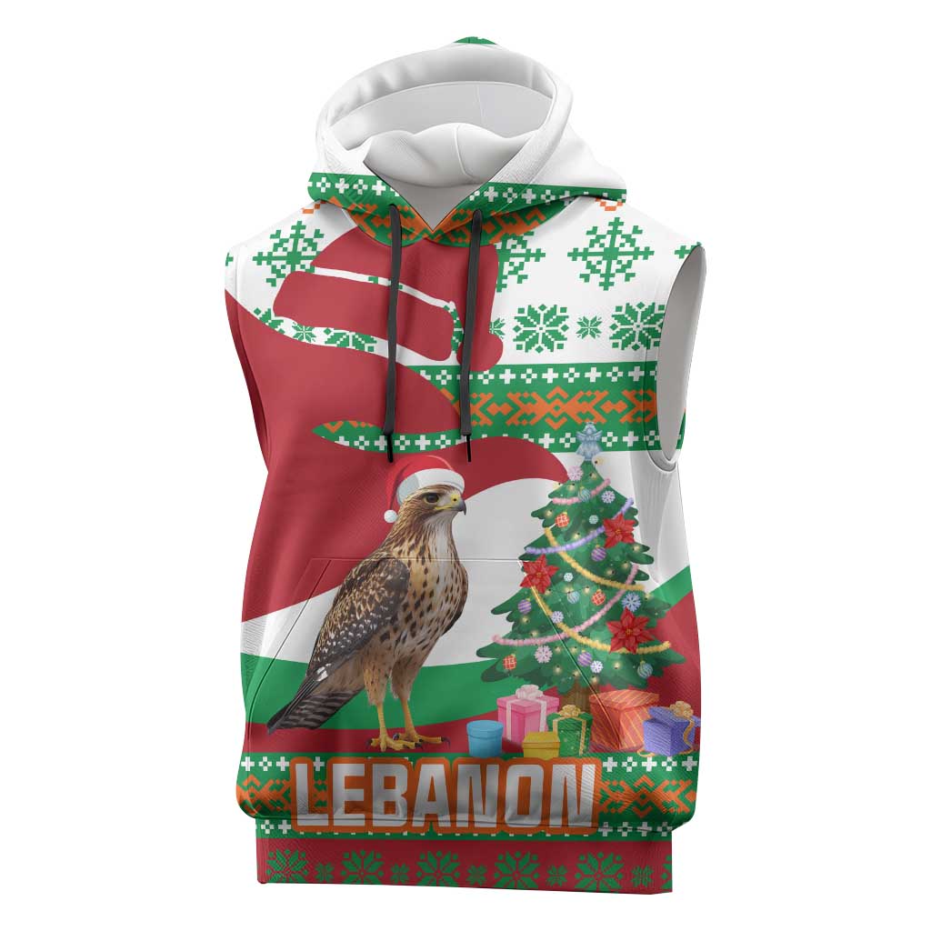 Lebanon Christmas Sleeveless Hoodie with Falcon, Holiday Tree, and Red Green Snowflake Pattern - Wonder Print Shop
