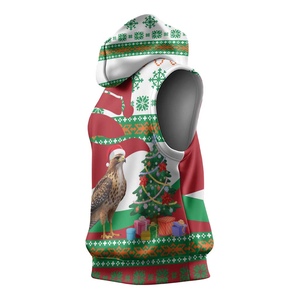 Lebanon Christmas Sleeveless Hoodie with Falcon, Holiday Tree, and Red Green Snowflake Pattern - Wonder Print Shop