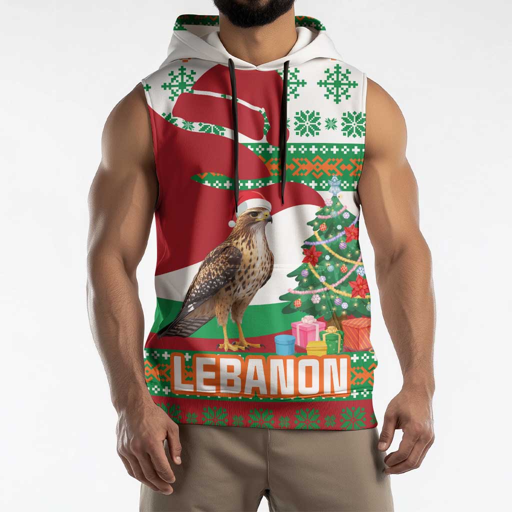 Lebanon Christmas Sleeveless Hoodie with Falcon, Holiday Tree, and Red Green Snowflake Pattern - Wonder Print Shop