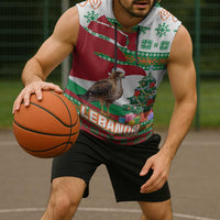 Lebanon Christmas Sleeveless Hoodie with Falcon, Holiday Tree, and Red Green Snowflake Pattern - Wonder Print Shop