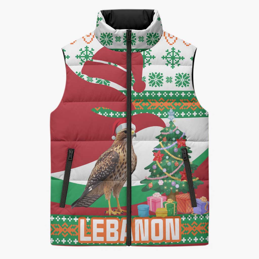 Lebanon Christmas Sleeveless Puffer Jacket with Falcon, Holiday Tree, and Red Green Snowflake Pattern - Wonder Print Shop