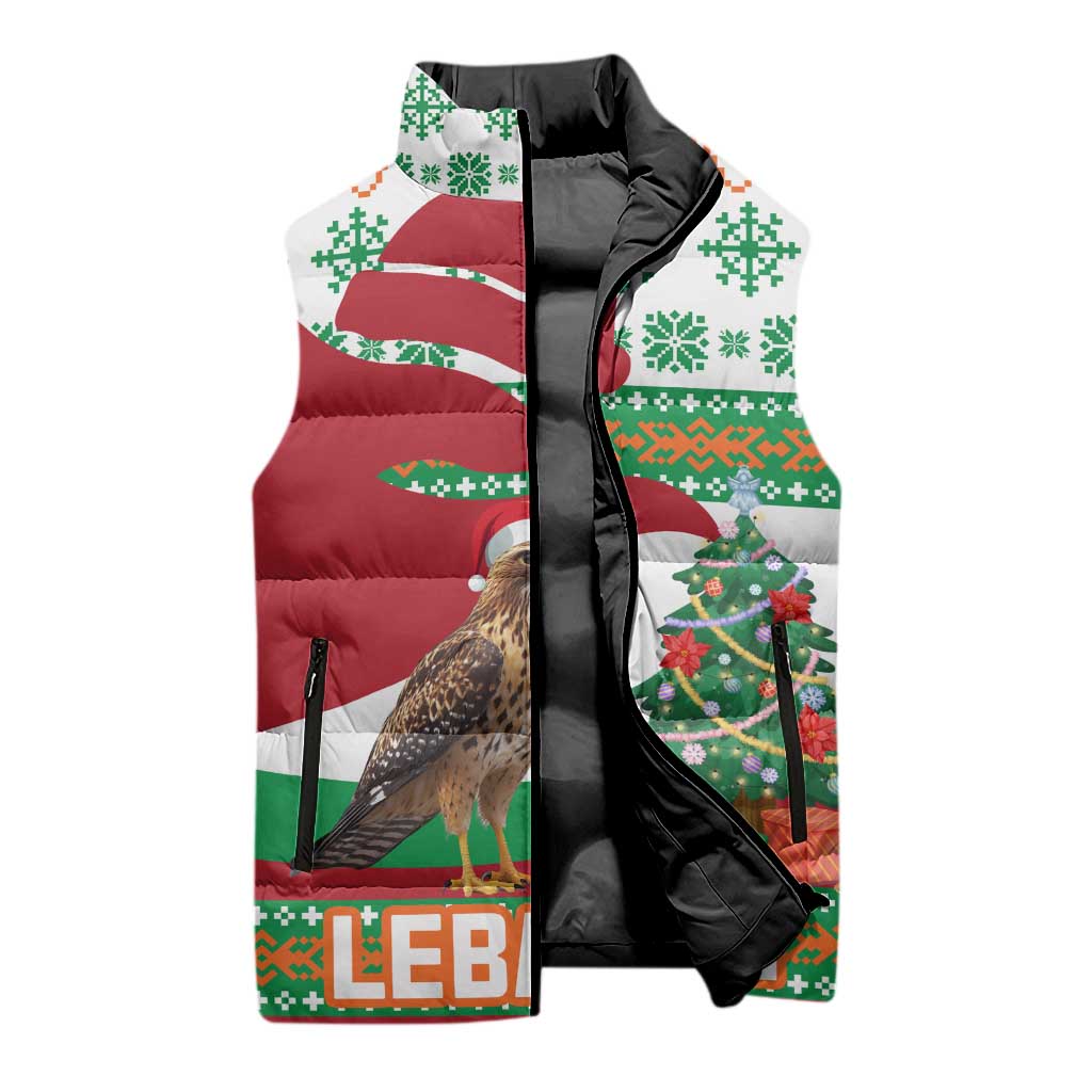 Lebanon Christmas Sleeveless Puffer Jacket with Falcon, Holiday Tree, and Red Green Snowflake Pattern - Wonder Print Shop