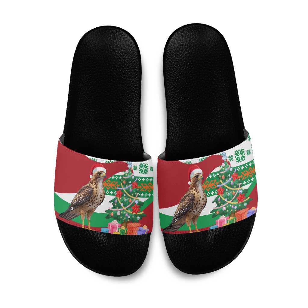 Lebanon Christmas Slide Sandals with Falcon, Holiday Tree, and Red Green Snowflake Pattern - Wonder Print Shop