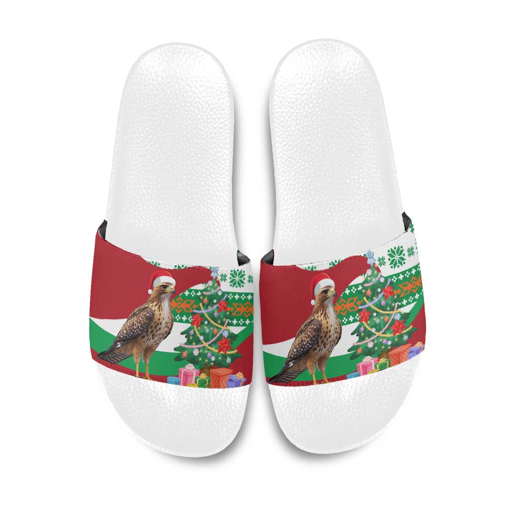 Lebanon Christmas Slide Sandals with Falcon, Holiday Tree, and Red Green Snowflake Pattern - Wonder Print Shop