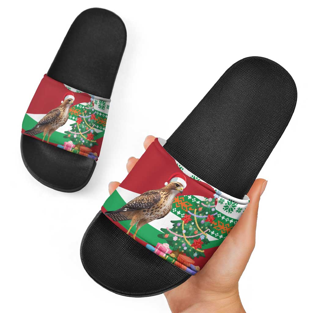 Lebanon Christmas Slide Sandals with Falcon, Holiday Tree, and Red Green Snowflake Pattern - Wonder Print Shop