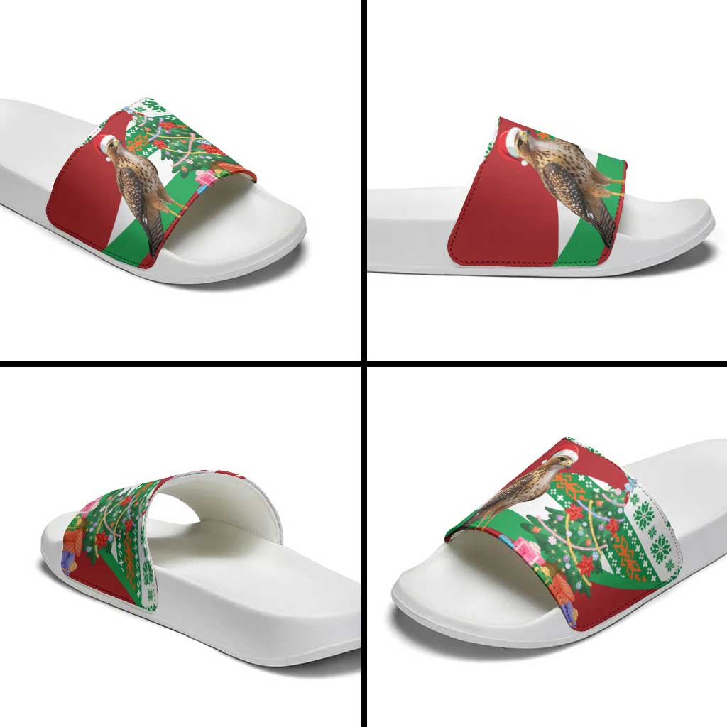 Lebanon Christmas Slide Sandals with Falcon, Holiday Tree, and Red Green Snowflake Pattern - Wonder Print Shop