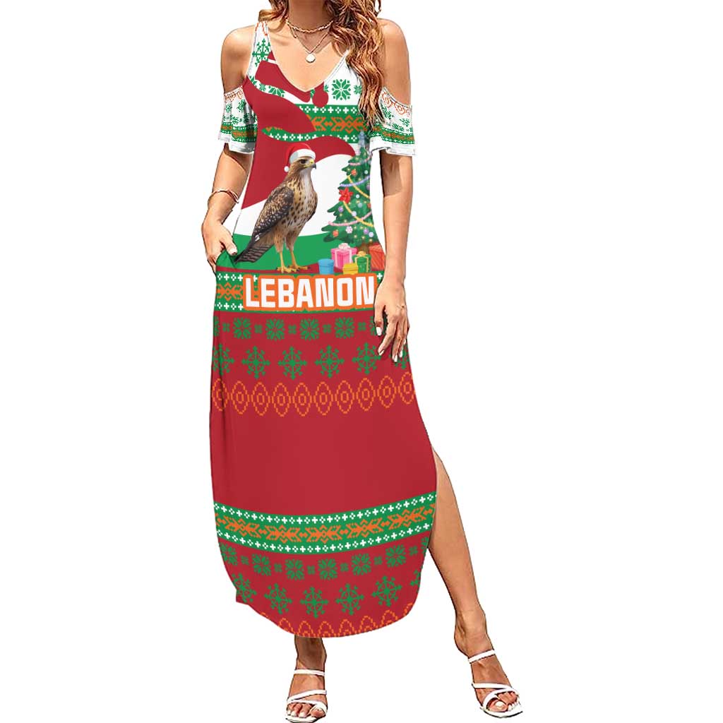 Lebanon Christmas Summer Maxi Dress with Falcon, Holiday Tree, and Red Green Snowflake Pattern - Wonder Print Shop