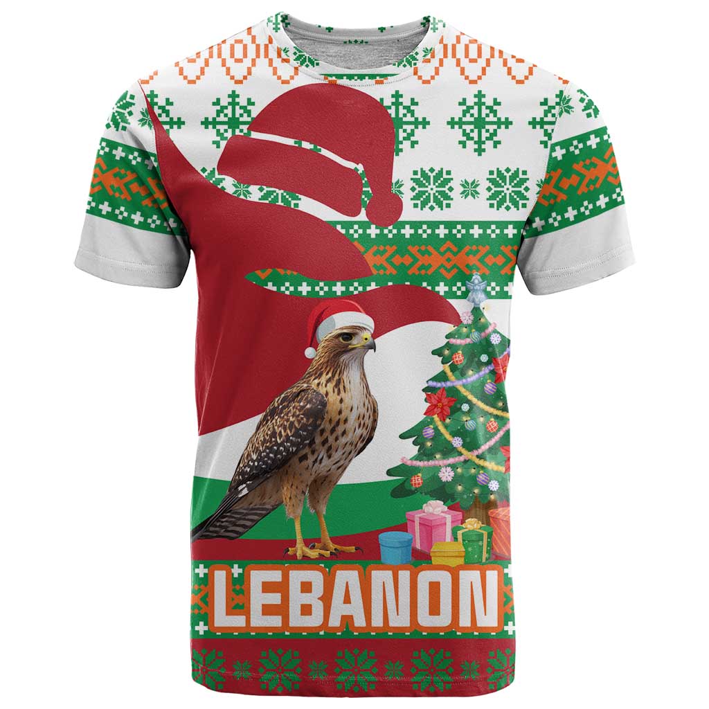 Lebanon Christmas T Shirt with Falcon, Holiday Tree, and Red Green Snowflake Pattern - Wonder Print Shop