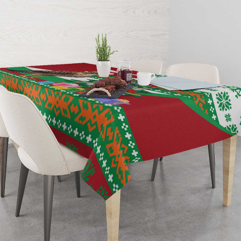 Lebanon Christmas Tablecloth with Falcon, Holiday Tree, and Red Green Snowflake Pattern - Wonder Print Shop