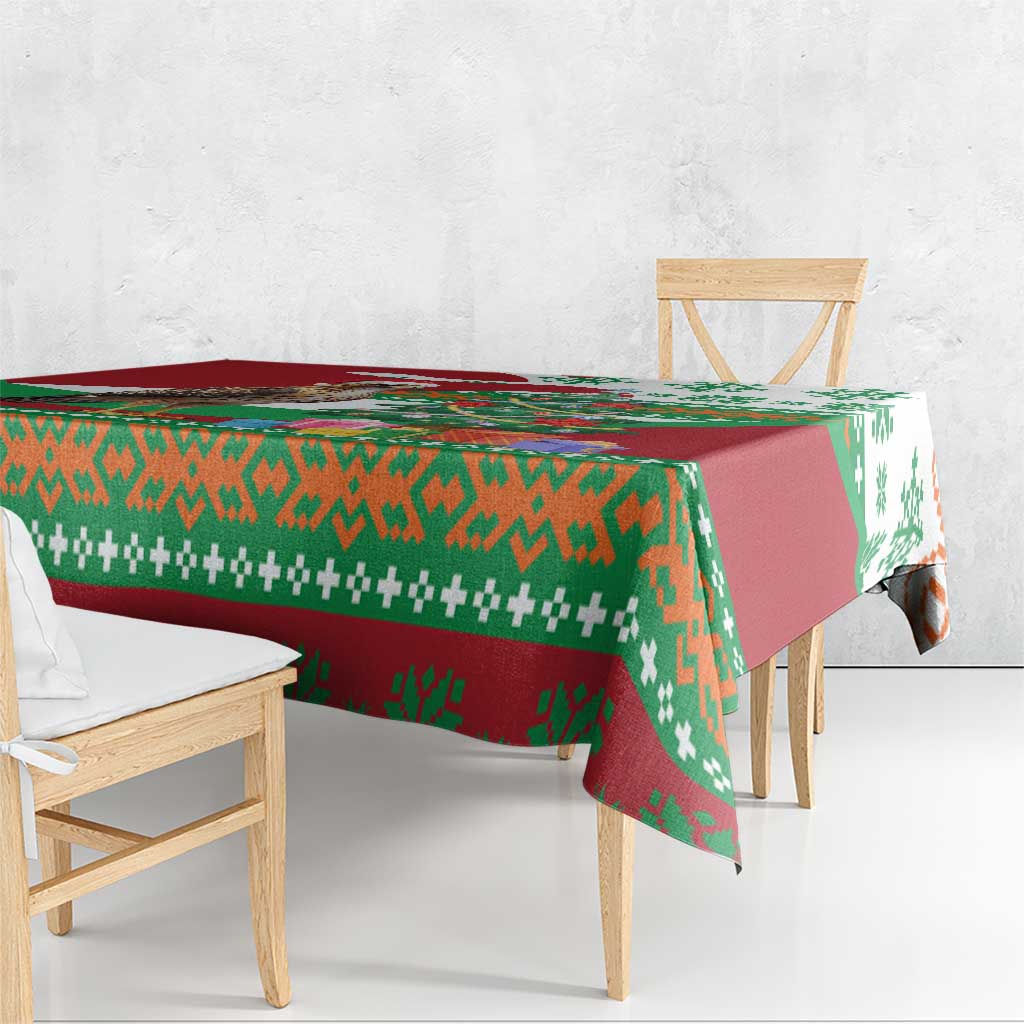 Lebanon Christmas Tablecloth with Falcon, Holiday Tree, and Red Green Snowflake Pattern - Wonder Print Shop